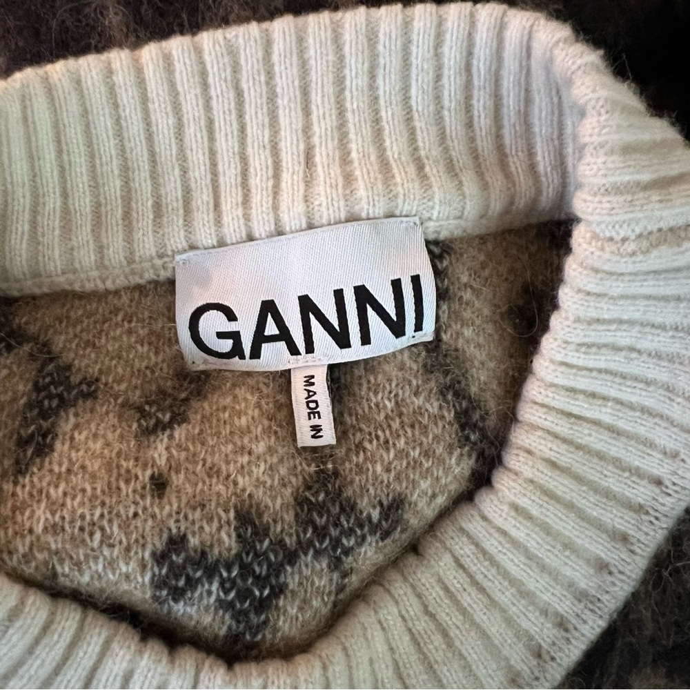 Ganni Leopard Print Crew Neck Sweater - Brown and Cream - Picture 7 of 9